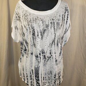 Women's Express White and Black Graphic Sheer Short Sleeve Tee - M